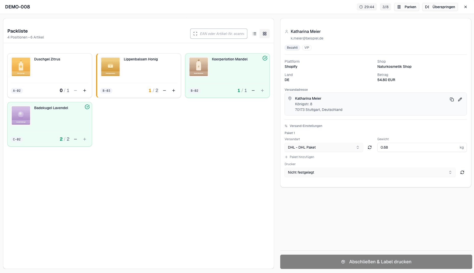 Aktive Packing-Session mit gescannten Artikeln und Live-Timer